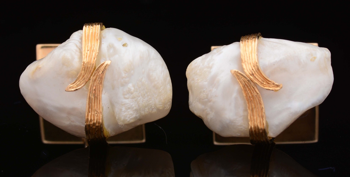 PAIR OF 14K YELLOW GOLD & PEARL CUFF LINKS BY RUSER.