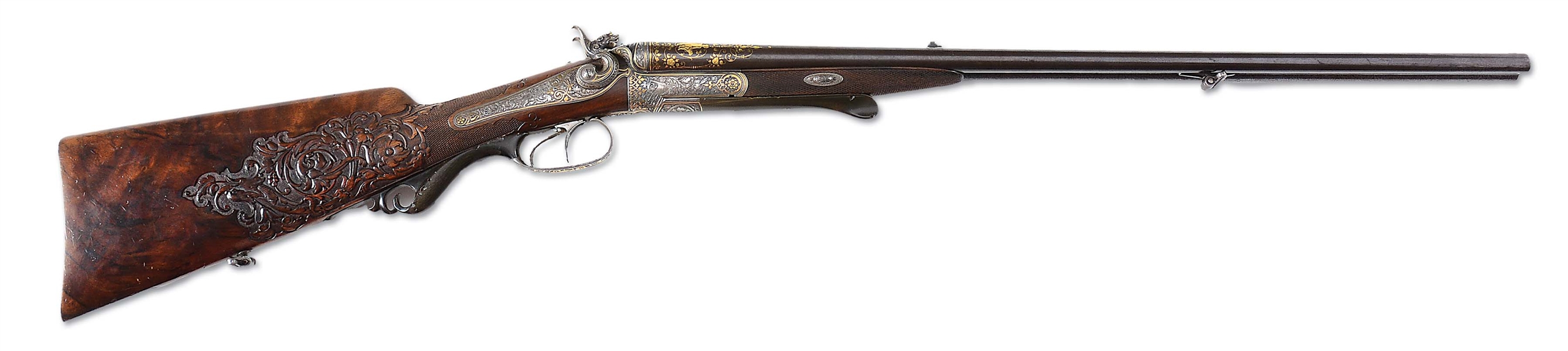 (A) GOLD INLAID AND CARVED MILLER & VAL GREISS COMBINATION HAMMER RIFLE/ SHOTGUN MOST LIKELY MADE FOR LUITPOLD, PRINCE REGENT OF BAVARIA