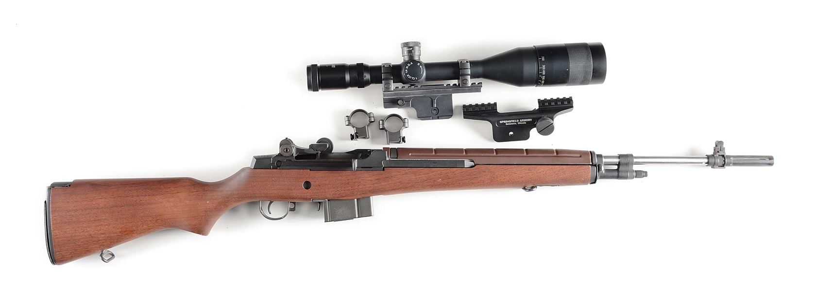 (M) USED SPRINGFIELD ARMORY M1A WITH SPRINGFIELD ARMORY SCOPE MOUNT AND SPRINGFIELD ARMORY 6-20X56 FFP MIL-DOT SCOPE.