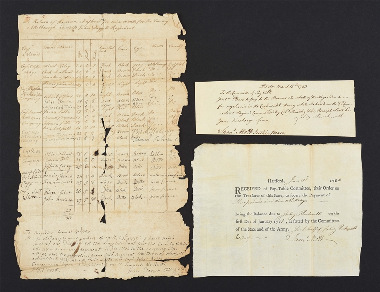 DESCRIPTION LIST FOR DAGGETTS REGIMENT, 1778; CONNECTICUT VETERANS DRAWS BELATED PAY (3 PIECES)
