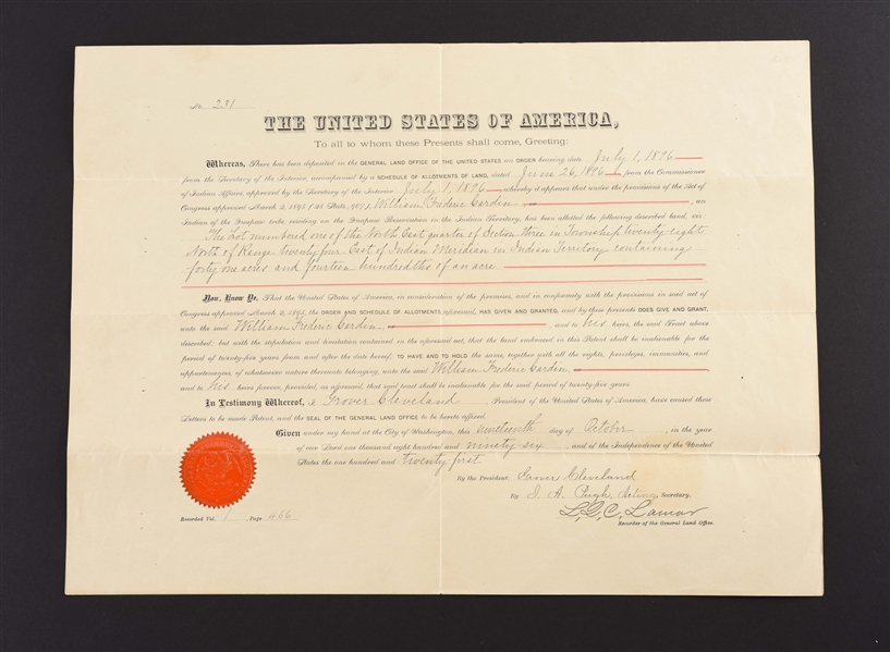 INDIAN TERRITORY LAND GRANT SIGNED BY PRESIDENT GROVER CLEVELAND, 1896