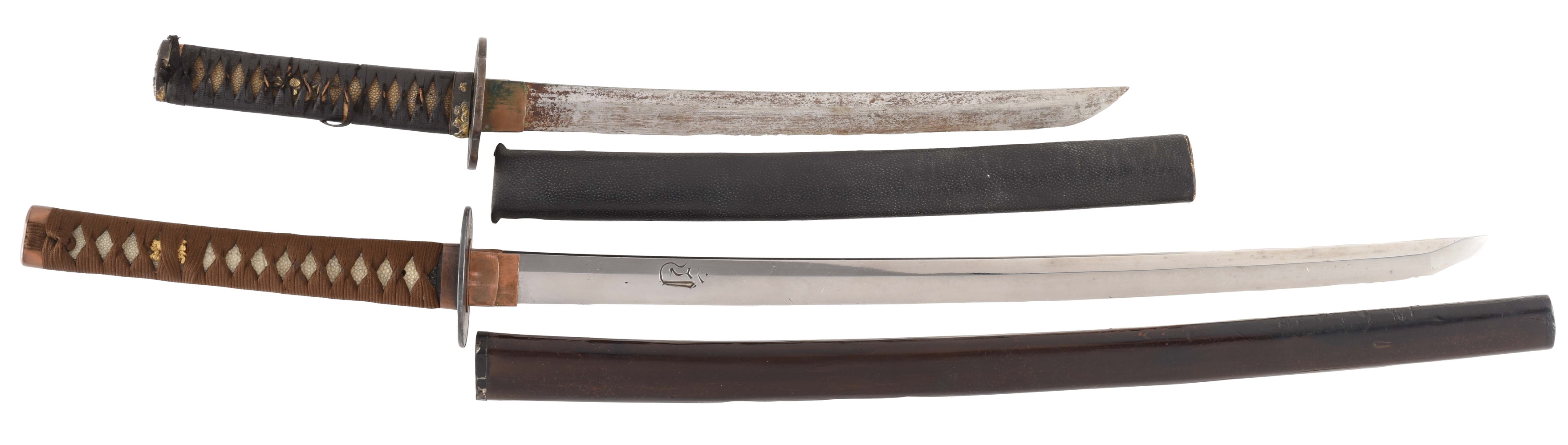 LOT OF 2: FINE LATE SHINTO WAKIZASHI IN THE STYLE OF TADATSUNA WITH BONJI & 2 SHORT GROOVES WITH ANOTHER. 