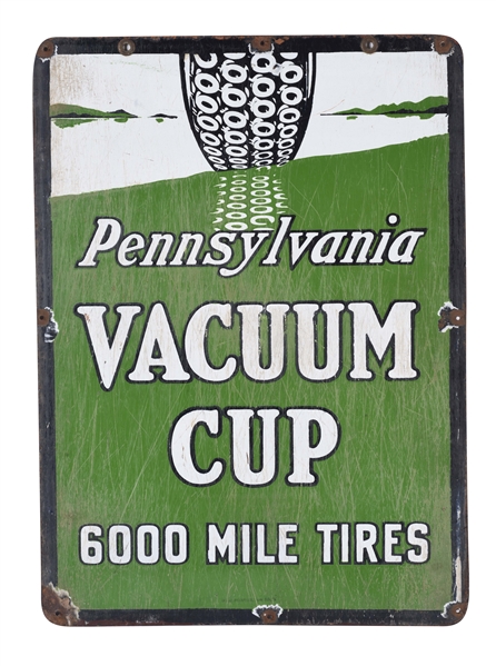 PENNSYLVANIA VACUUM CUP TIRES PORCELAIN SIGN WITH TIRE GRAPHIC.