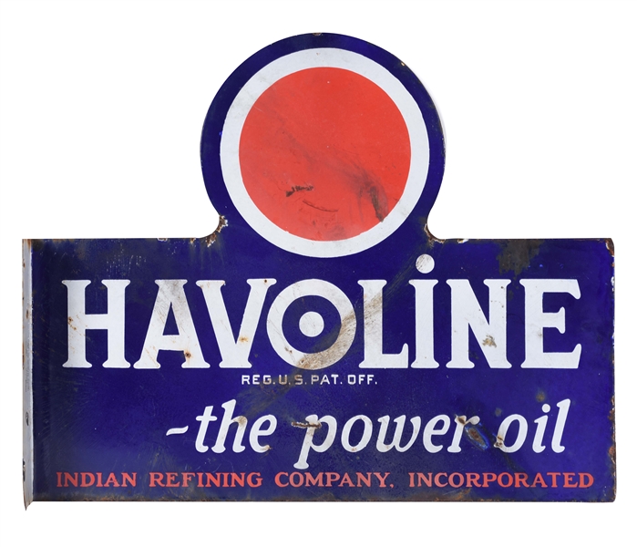 HAVOLINE THE POWER OIL PORCELAIN FLANGE SIGN WITH BULLSEYE GRAPHIC.