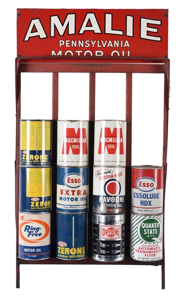 AMALIE PENNSYLVANIA MOTOR OIL QUART CAN RACK WITH SIGN & 11 QUART CANS.