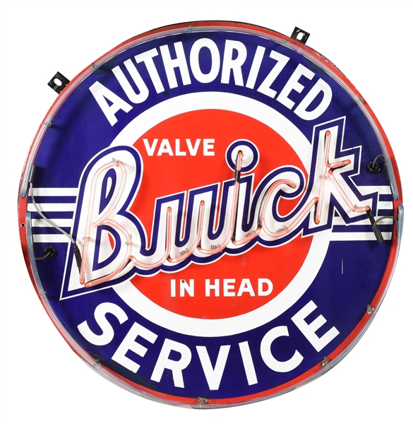 BUICK VALVE IN HEAD AUTHORIZED SERVICE PORCELAIN SIGN WITH ADDED NEON.