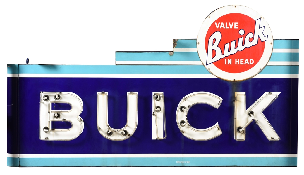 BUICK AUTOMOBILES PORCELAIN NEON SIGN WITH ORIGINAL CAN & BULLNOSE.