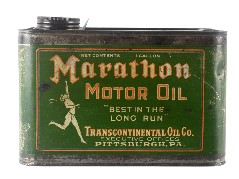 MARATHON MOTOR OIL ONE GALLON CAN WITH RUNNING MAN GRAPHIC.