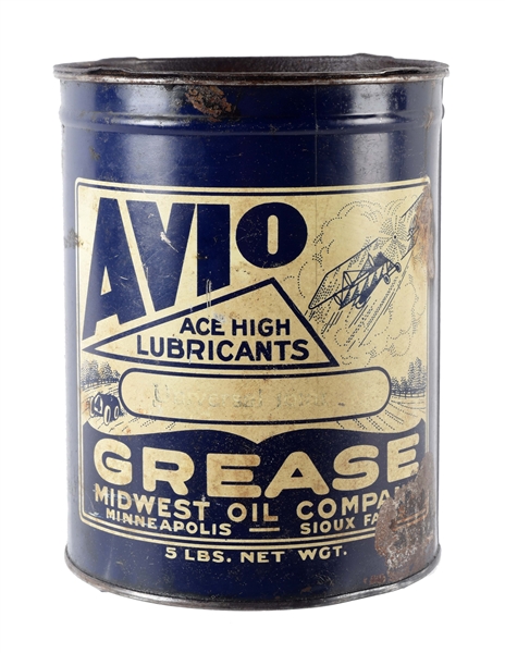 ACE HIGH AVIO FIVE POUND GREASE CAN WITH CAR & AIRPLANE GRAPHICS.