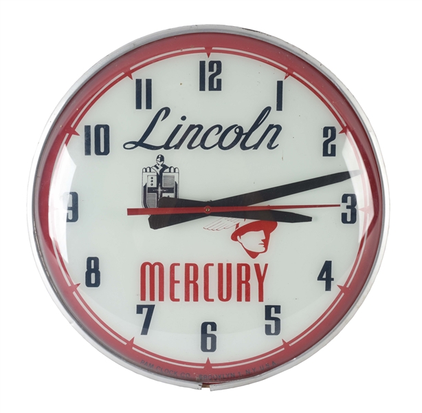 LINCOLN MERCURY AUTOMOBILES GLASS FACE LIGHT UP PAM CLOCK.