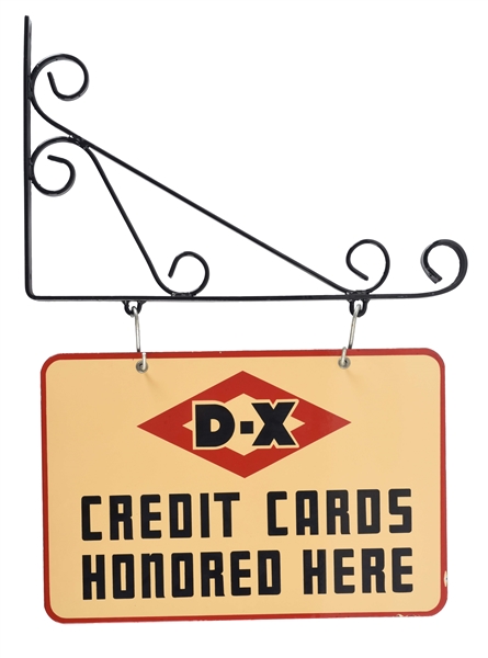 DX GASOLINE & MOTOR OIL CREDIT CARDS HONORED HERE PORCELAIN SIGN WITH IRON BRACKET.
