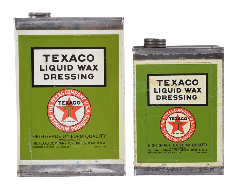 LOT OF 2: TEXACO LIQUID WAX DRESSING CANS.