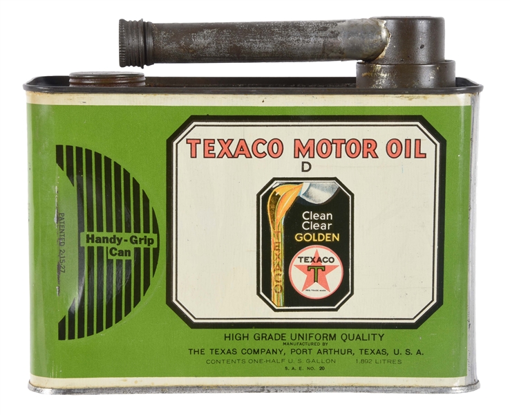 TEXACO MOTOR OIL HALF GALLON CAN WITH CLEAN CLEAR GOLDEN GRAPHIC.