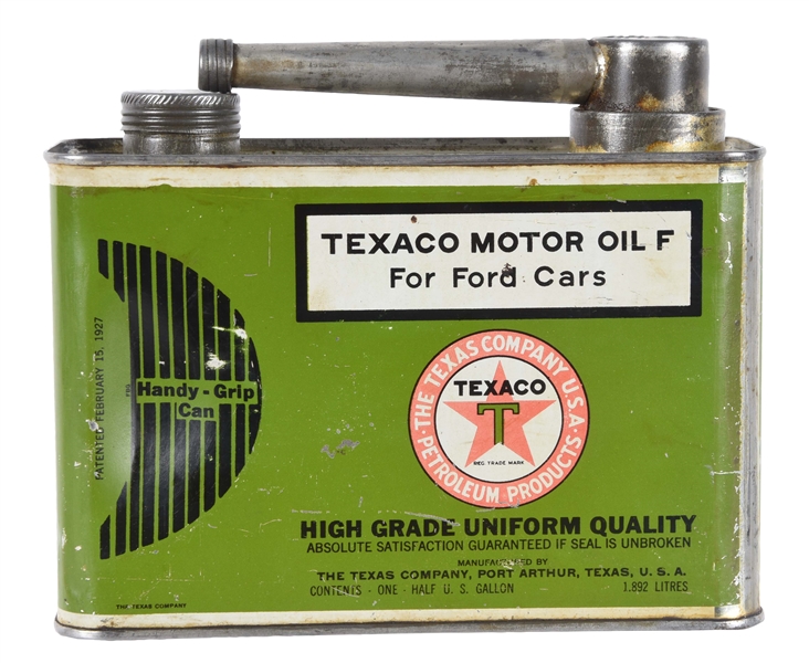 TEXACO MOTOR OIL FOR FORD CARS HALF GALLON CAN WITH HANDY GRIP.
