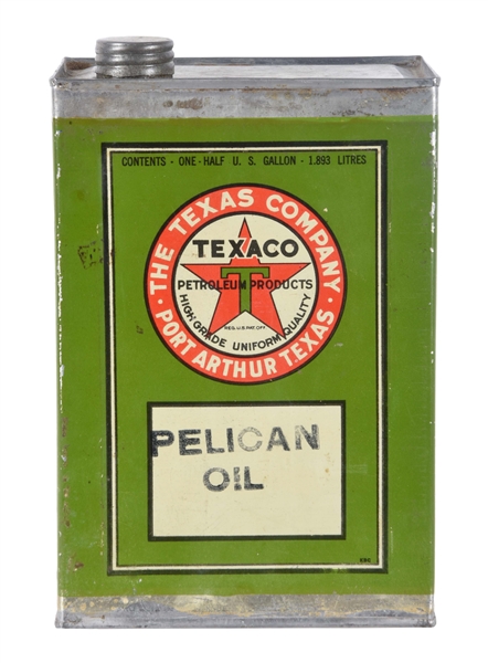 TEXACO PELICAN OIL HALF GALLON SQUARE CAN.