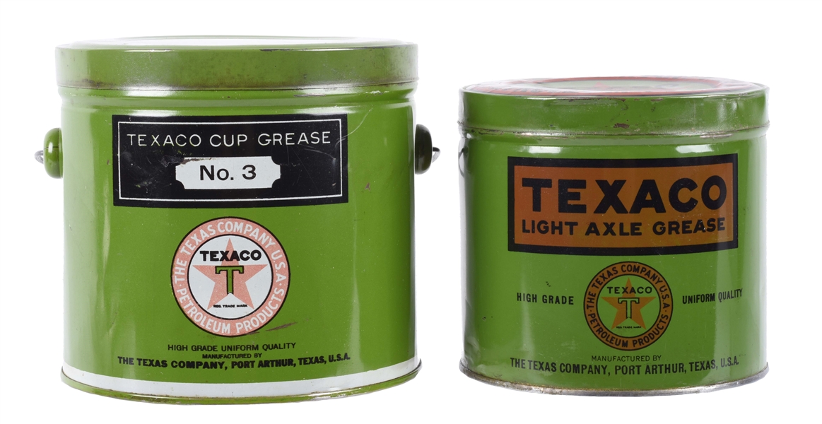LOT OF 2: TEXACO AXLE & CUP GREASE THREE & FIVE POUND CANS.