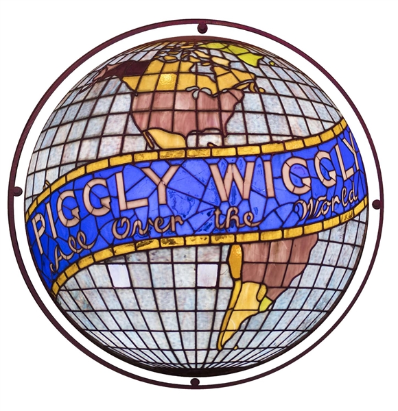 PIGGLY WIGGLY LEADED STAINED GLASS LIGHT UP GLOBE ON METAL CAN. 