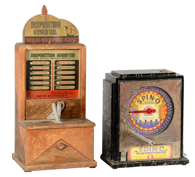 LOT OF 2: 1¢ DISPOSITION REGISTER AND 5¢ SPIN-O ARCADE MACHINES. 