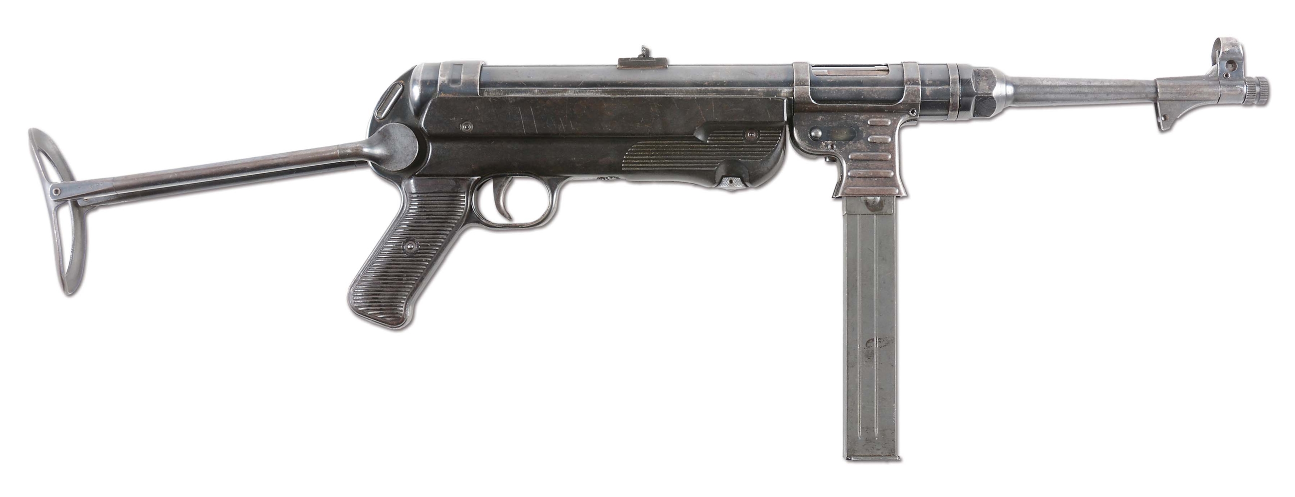 (N) ALL ORIGINAL HAENEL MANUFACTURED MATCHING NUMBERED GERMAN WORLD WAR II MP-40 MACHINE GUN (CURIO AND RELIC).