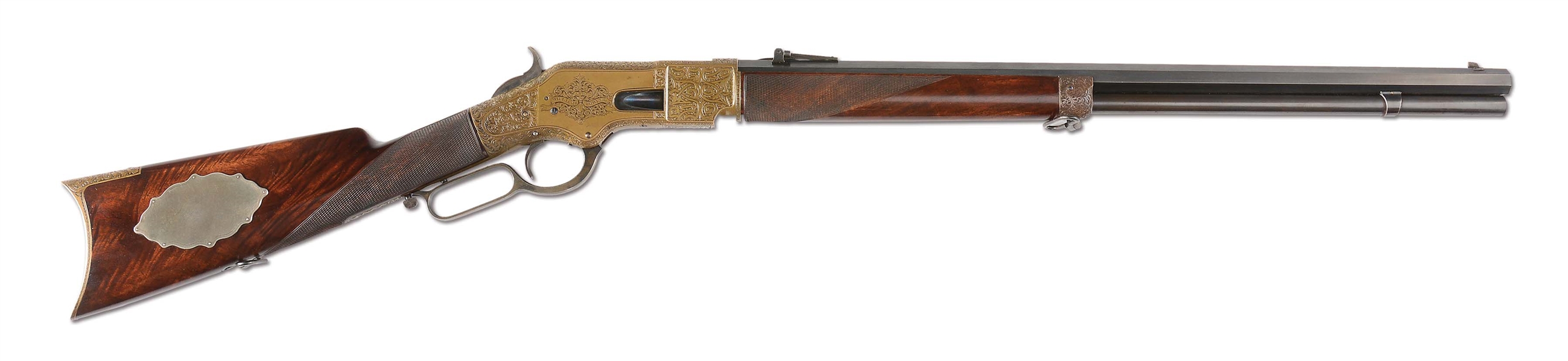 (A) VERY FINE WINCHESTER 1866 RIFLE WITH PERIOD BEST QUALITY ENGLISH STYLE ENGRAVING AND DELUXE FIGURED WALNUT STOCK. 