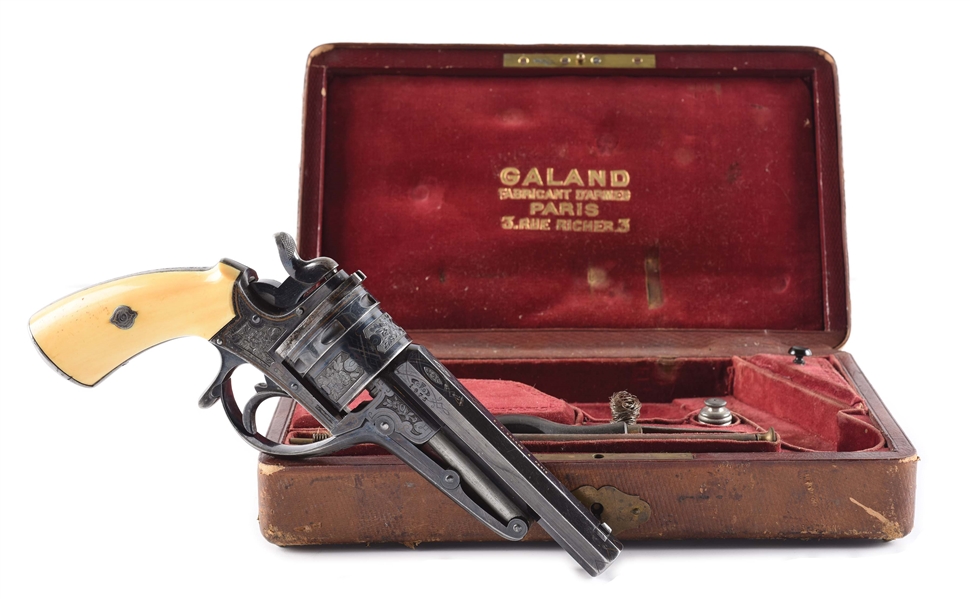 (A) CASED & FACTORY ENGRAVED GALAND DOUBLE ACTION REVOLVER WITH IVORY GRIPS.