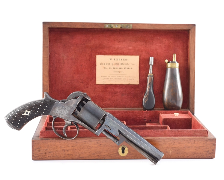 (A) CASED AND ENGRAVED WESTLEY RICHARDS WEBLEY-BENTLEY DOUBLE ACTION PERCUSSION REVOLVER.