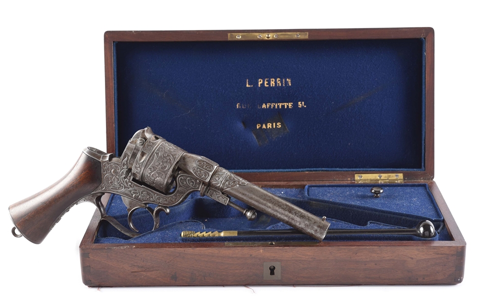 (A) RARE CIVIL WAR ERA CASED AND ENGRAVED FRENCH PERRIN DOUBLE ACTION REVOLVER.