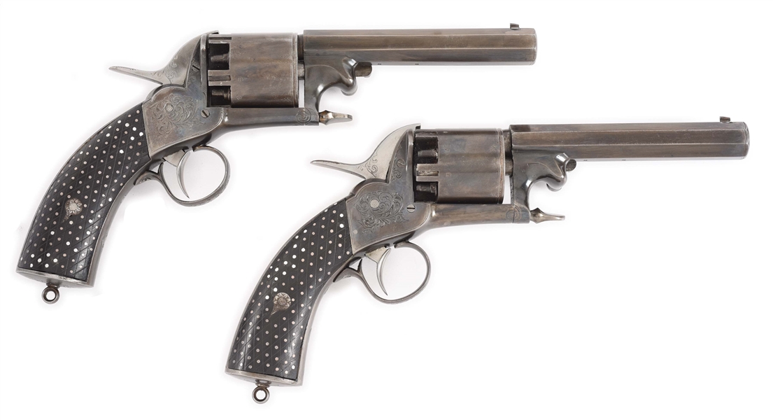 (A) LOT OF 2: CONSECUTIVE SERIAL NUMBERED PAIR OF ENGRAVED WEBLEY LONGSPUR PERCUSSION REVOLVERS.