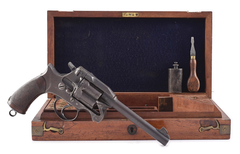 (A) CASED ENFIELD MODEL 1882 DOUBLE ACTION REVOLVER.