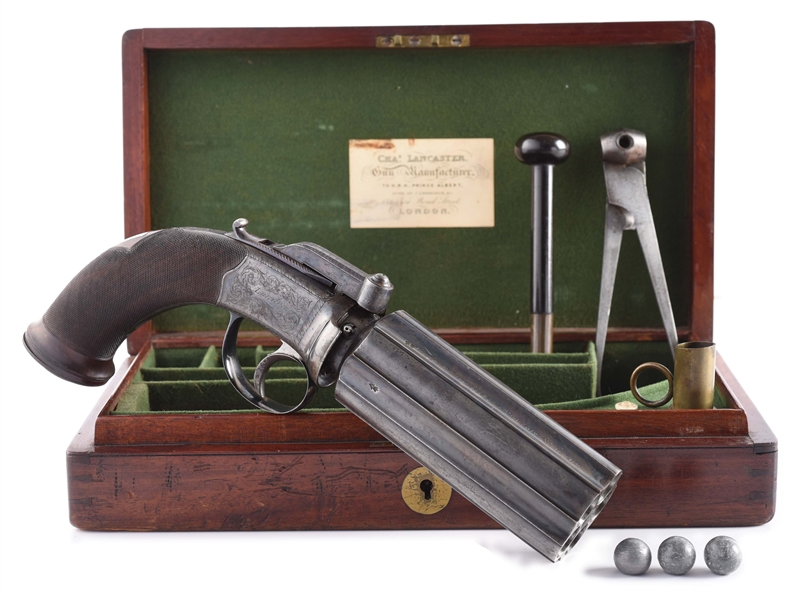 (A) ONLY KNOWN .62 CAL CASED CHARLES LANCASTER PERCUSSION DRAGOON SIZE PEPPERBOX REVOLVER.