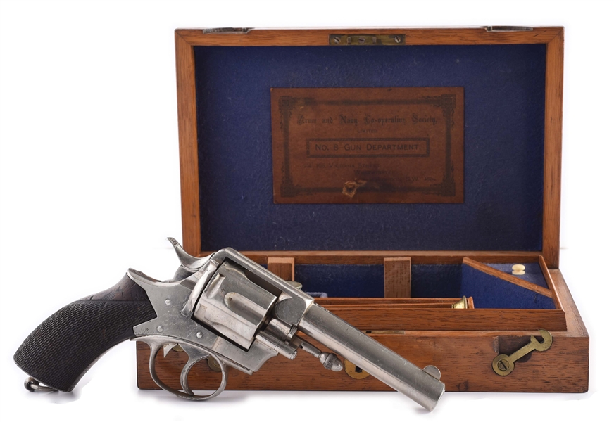 (A) ARMY-NAVY CO-OP CASED & NICKEL PLATED WEBLEY RIC NEW MODEL DOUBLE ACTION REVOLVER.