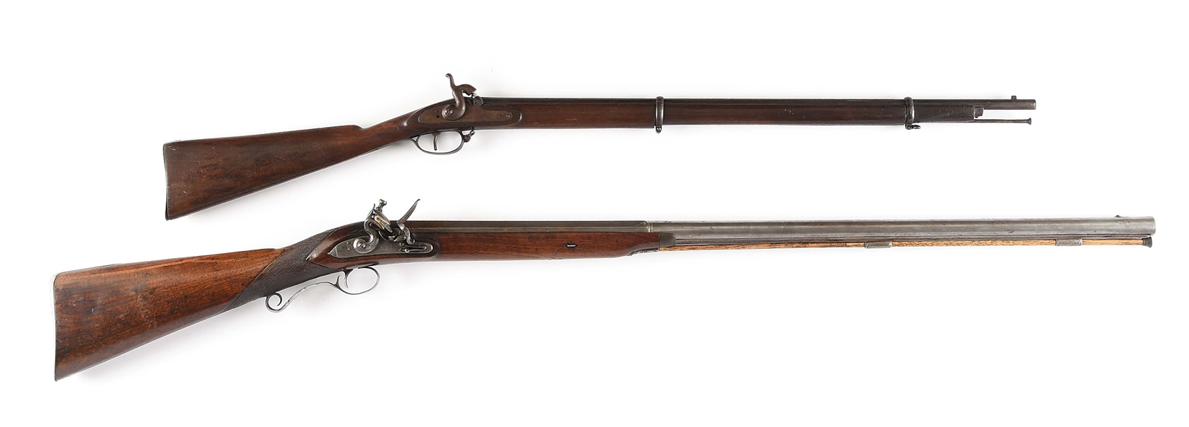 (A) LOT OF 2: ENGLISH FLINTLOCK FOWLER AND CHILDS PERCUSSION MUSKET.