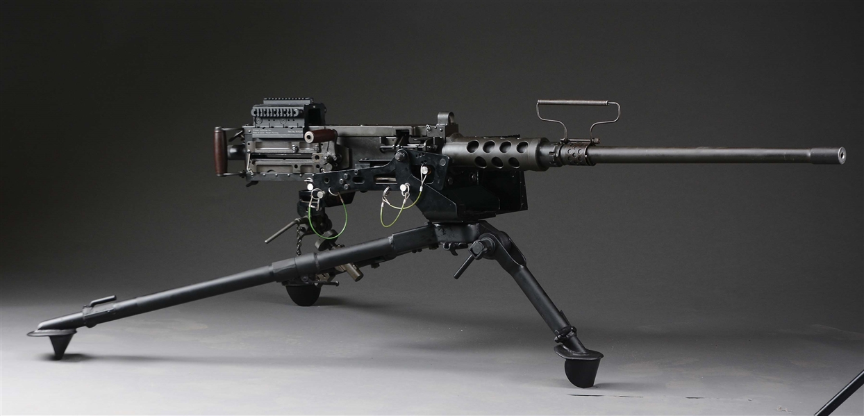 (N) FABULOUS SHOOTERS SET-UP E.R. MAPLES BROWNING M2 .50 CAL BMG MACHINE GUN ON RECIPROCATING TRIPOD WITH ACCESSORIES (FULLY TRANSFERABLE)