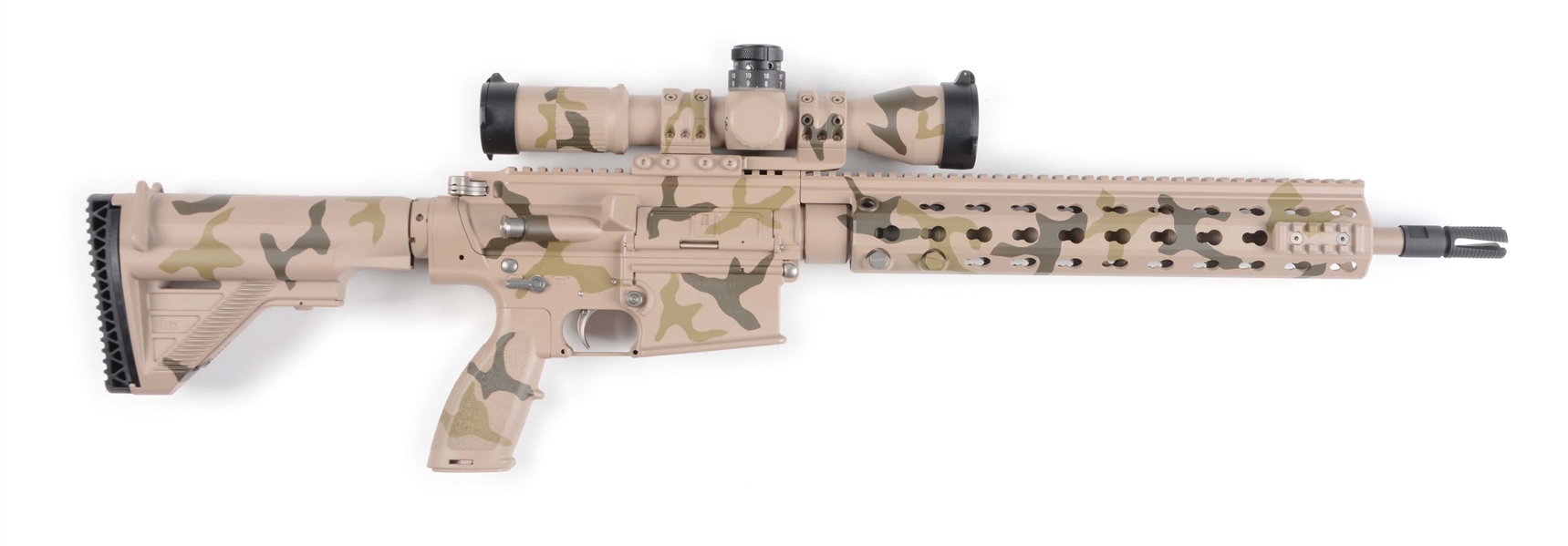 (M) FABULOUS “UNITED STATES PROPERTY” MARKED HECKLER & KOCH MR762A1 SPECIAL DESERT CAMOUFLAGED .308 SEMI-AUTOMATIC RIFLE IN SOFT CASE