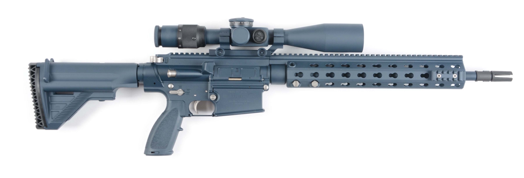(M) FABULOUS “UNITED STATES PROPERTY” MARKED HECKLER & KOCH MR762A1 SPECIAL BLUE NAVY .308 SEMI-AUTOMATIC RIFLE WITH U.S. OPTICS SCOPE IN SOFT CASE