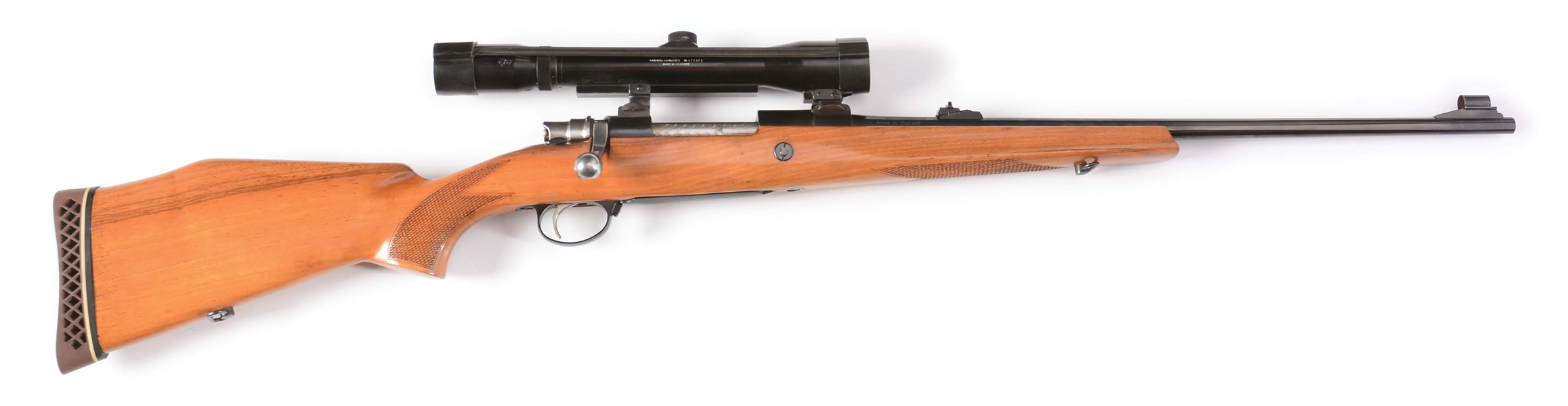 (C) ALPINE FIREARMS CO. ENGLISH CUSTOM BOLT ACTION MAUSER SPORTING RIFLE WITH SCOPE.