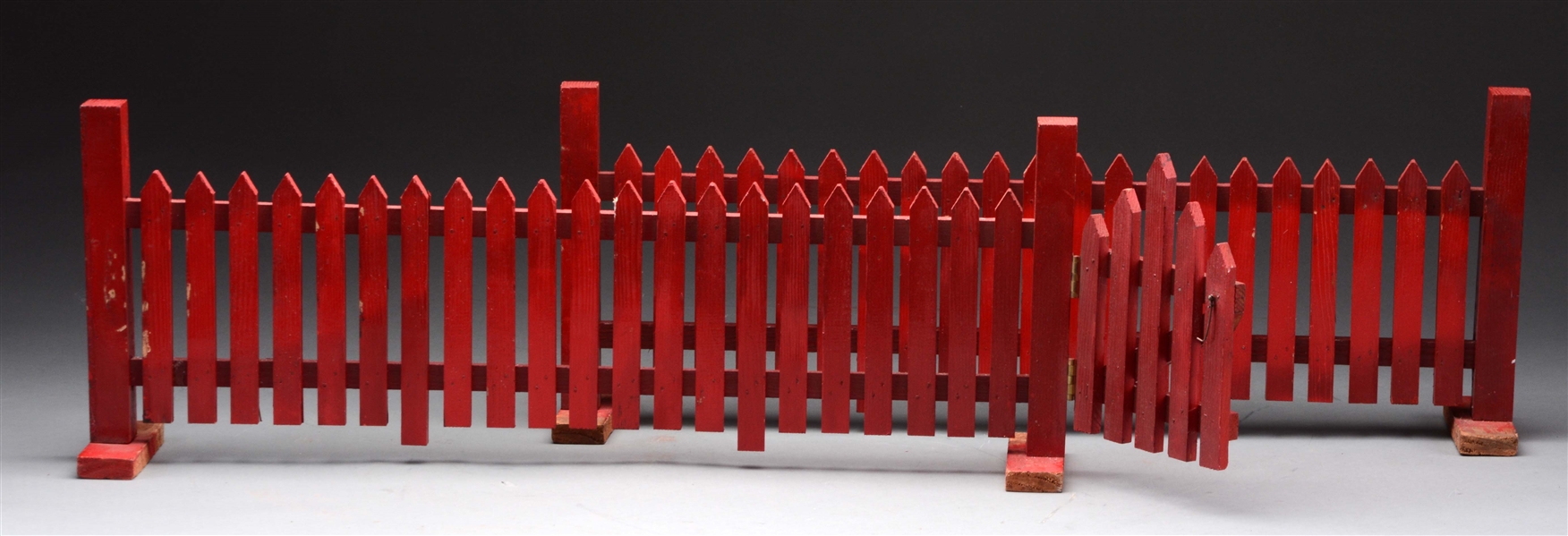 LOT OF 2: PAIR OF LARGE SCALE RED FENCE SECTIONS WITH GATE.