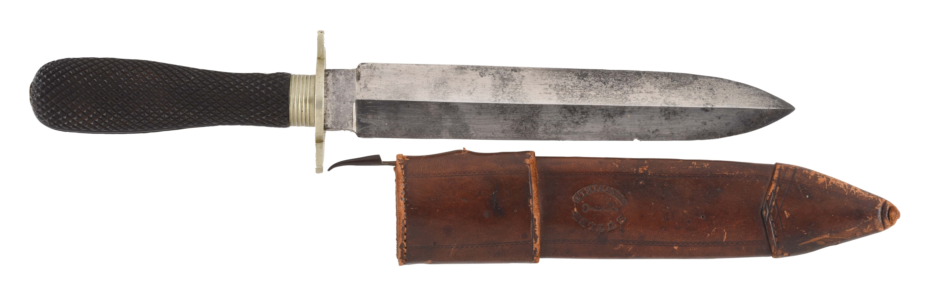 GEORGE BUTLER SPEAR-POINT ENGLISH BOWIE KNIFE WITH MATCHING SHEATH.