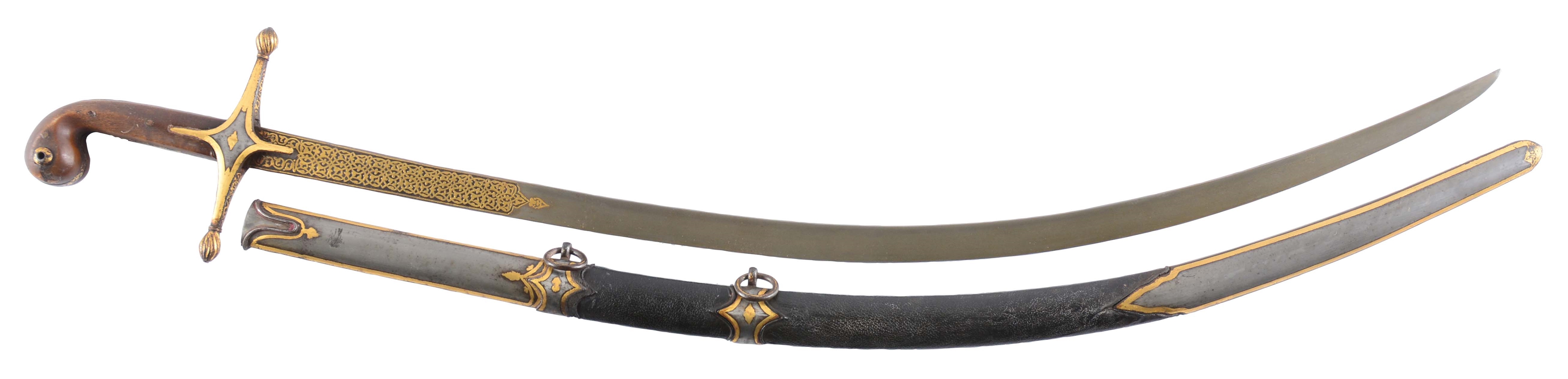 EXTREMELY FINE & RARE 18TH/19TH CENTURY OTTOMAN SHAMSHIR WITH FINE WATERED WOOTZ BLADE & SUPERB HEAVY GOLD DAMASCENE DECORATION IN ORIGINAL SCABBARD.