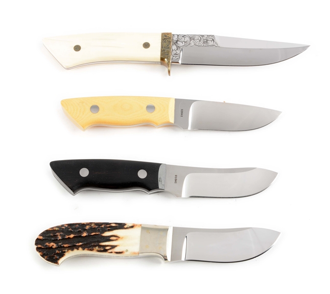 LOT OF 4: JIM HERDENBROOK SKINNER WITH STAG HANDLE, BILL SANDERS SKINNER WITH EBONY HANDLE, BILL SANDERS SKINNER WITH WHITE MICARTA & T.J. YANCEY SKINNER WITH ROMAN SCRIMSHAW.