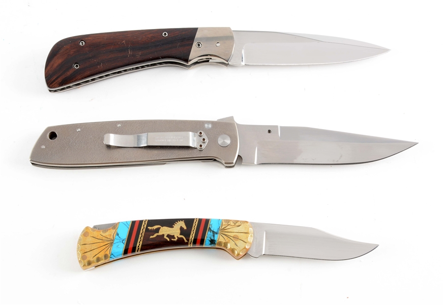 LOT OF 3: RANDAL GILBREATH FOLDER WITH LINER LOCK, BUCK CHIEF YELLOW HORSE FOLDER & VOLLOTON AUTOMATIC KNIFE.
