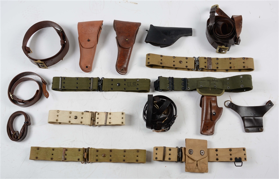 LOT OF 13: WWI & WWII U.S. MILITARY BELTS & HOLSTERS.