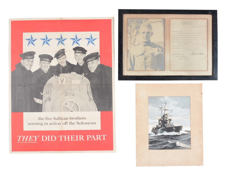 LOT OF 5: WWII WAR BONDS POSTERS, WWI DOCUMENT, & BATTLESHIP PAINTING.