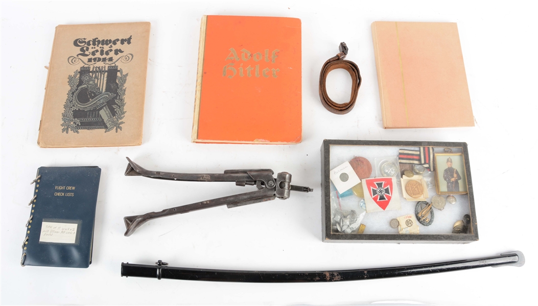 LOT OF WWII GERMAN ITEMS, LUFTWAFFE PARATROOPER BADGE, PHOTOS, STAMPS, & GUN PARTS.