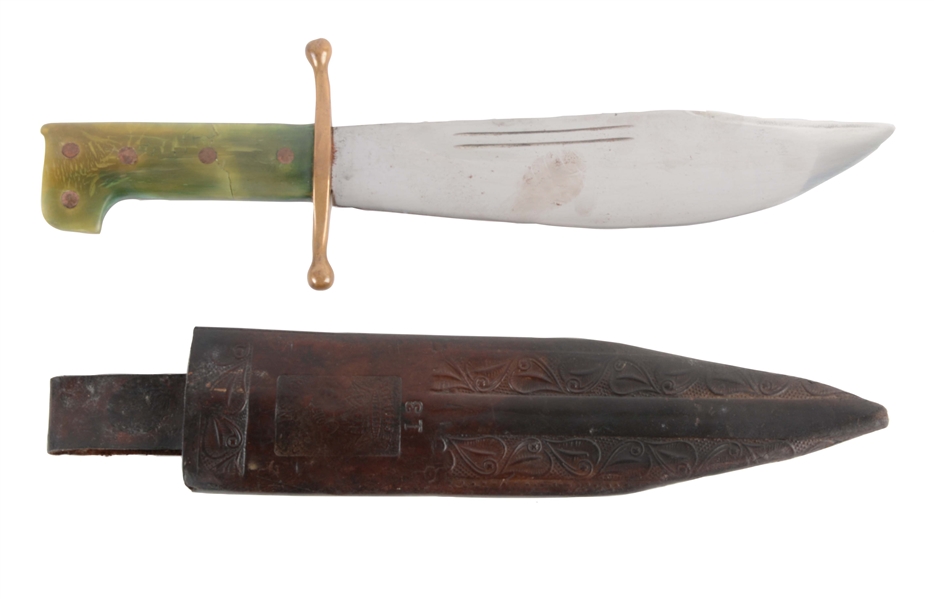 WWII COLLINS V-44 NO. 18 MACHETE WITH GREEN HORN HANDLE.