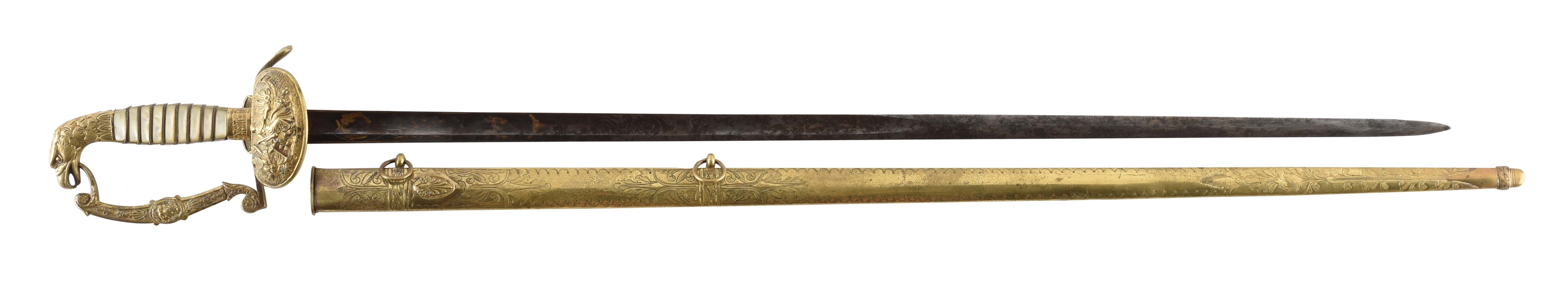 GILT BRASS EAGLE POMMEL NAVY OFFICERS SWORD WITH SCABBARD.