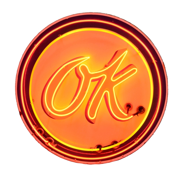 OK USED CARS PORCELAIN NEON SIGN W/ CAN.