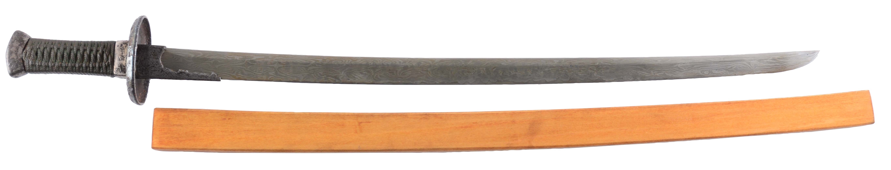 FINE CHINESE DAO WITH PATTERN WELDED BLADE AND CLOSE-PLATED INLAID IRON HILT.