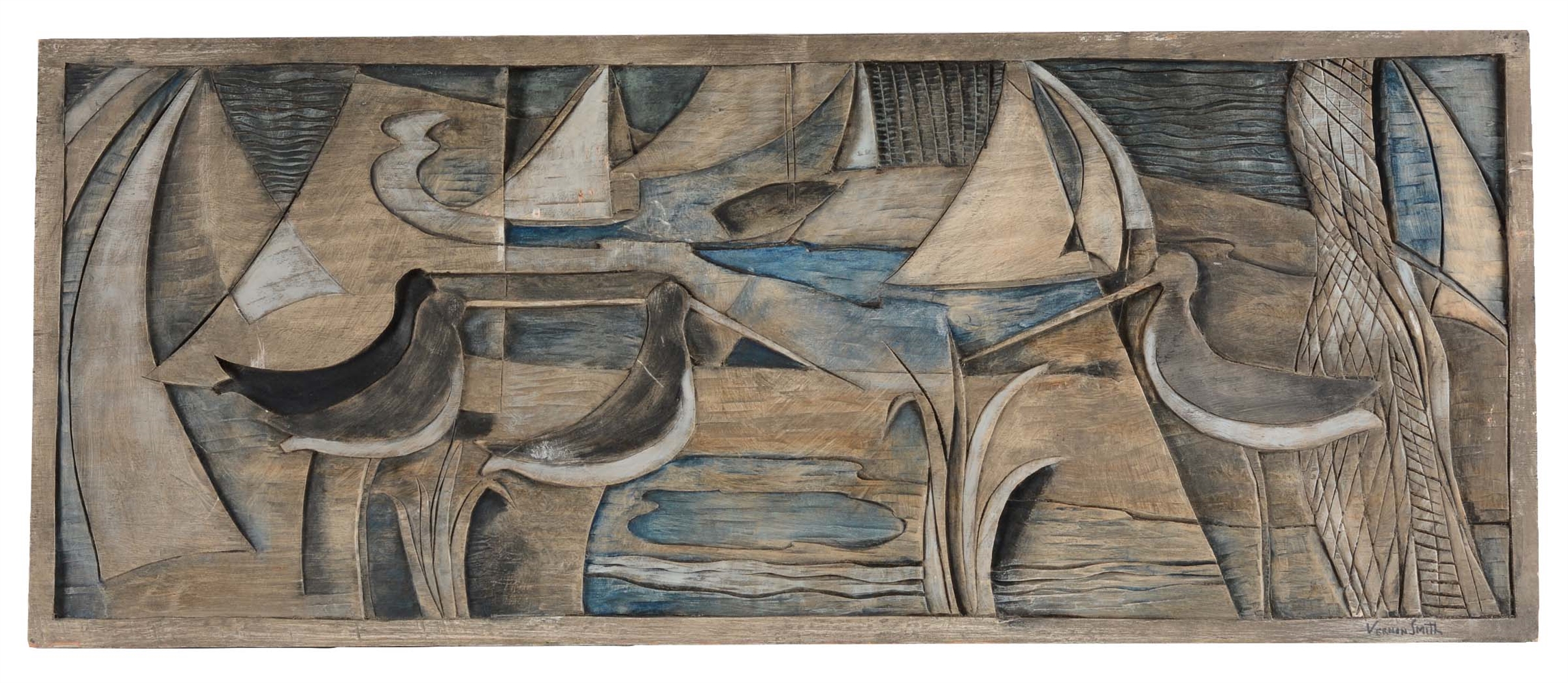 VERNON B. SMITH (AMERICAN, 1894 - 1969) SANDPIPERS AND SAILBOATS RELIEF PLAQUE. 