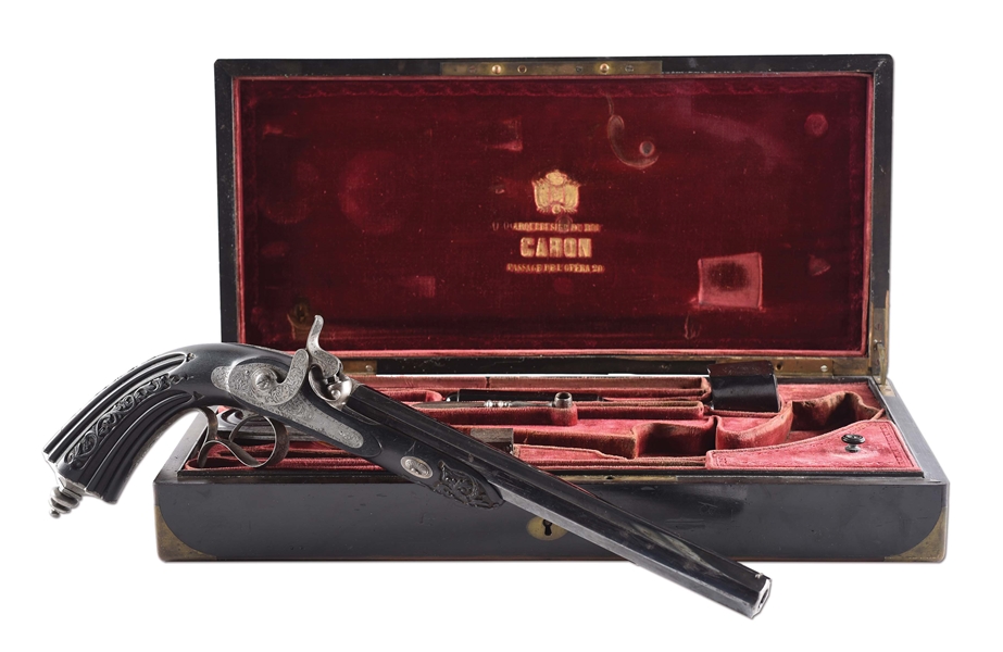 (A) FINE CASED FRENCH PERCUSSION TARGET PISTOL BY CARON.